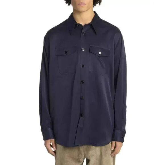 AMI ALEXANDRE MATTIUSSI Shirt Mens XL Navy Satin Button Up Oversized Wool - Picture 1 of 10